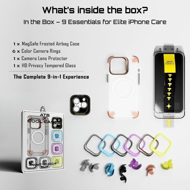 Ultimate 9-in-1 iPhone Protection Kit | Case + Tempered Glass + Lens Guard & 6 Metal Camera Rings(Exclusive)