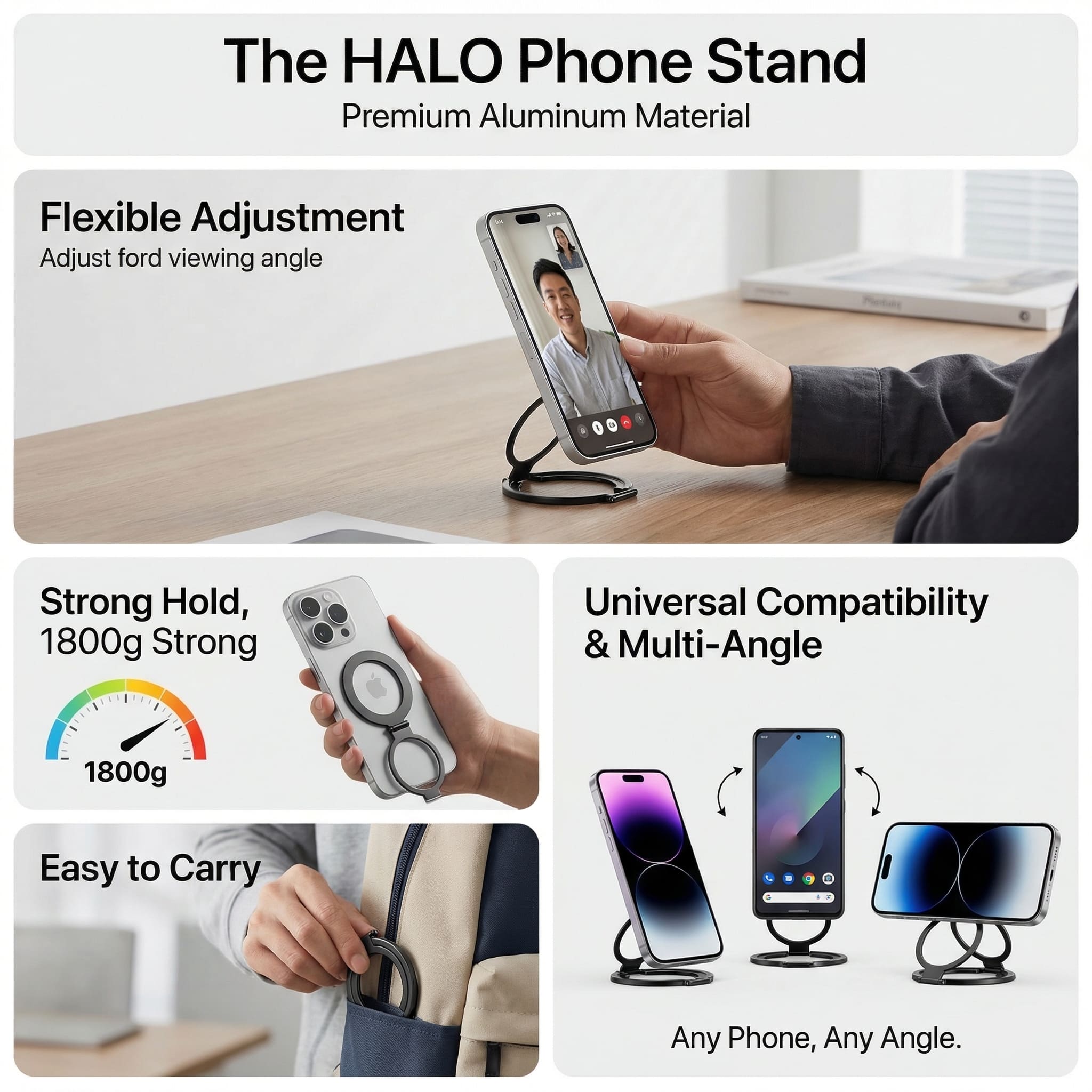 The HALO | Premium Aluminum Phone Stand | Compatible with all Phones | N52 Magnet