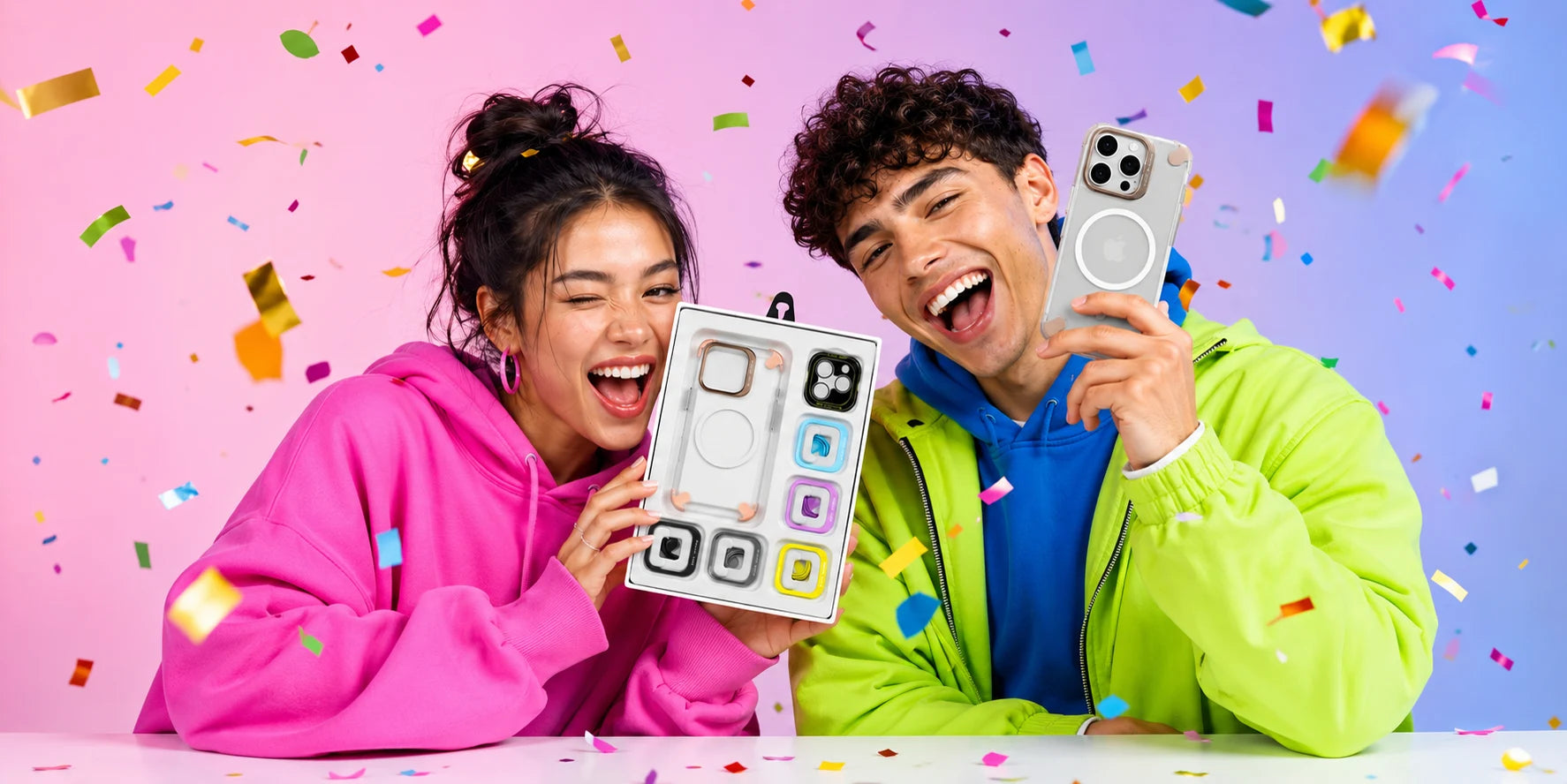 CoolCases hero — confetti couple