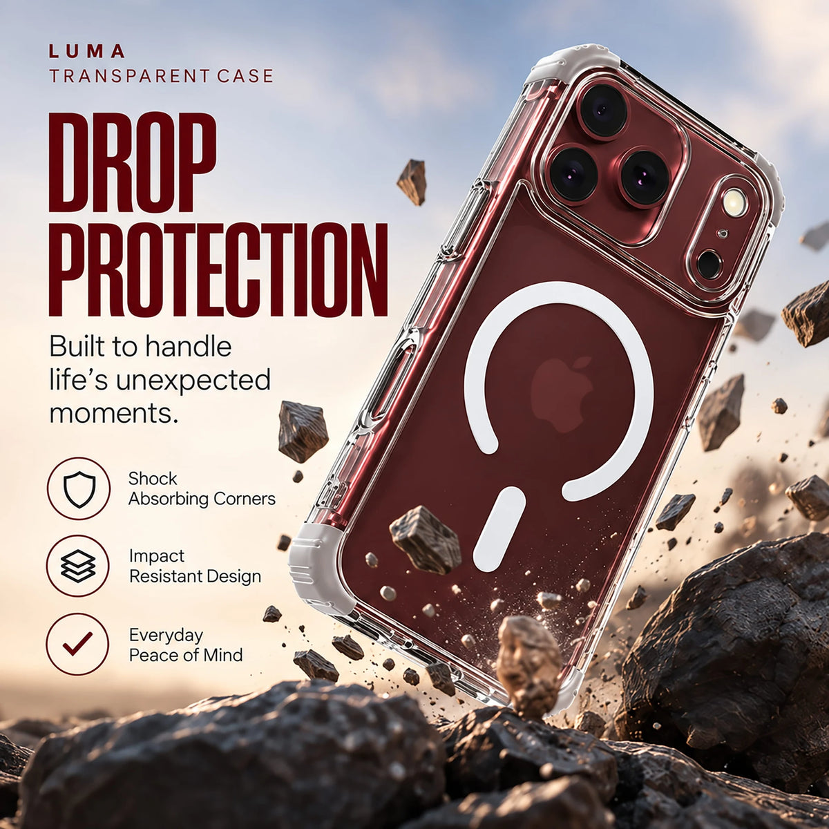 Luma Transparent Case for iPhone 18 Pro Max - 12 ft drop protection with shock absorbing corners