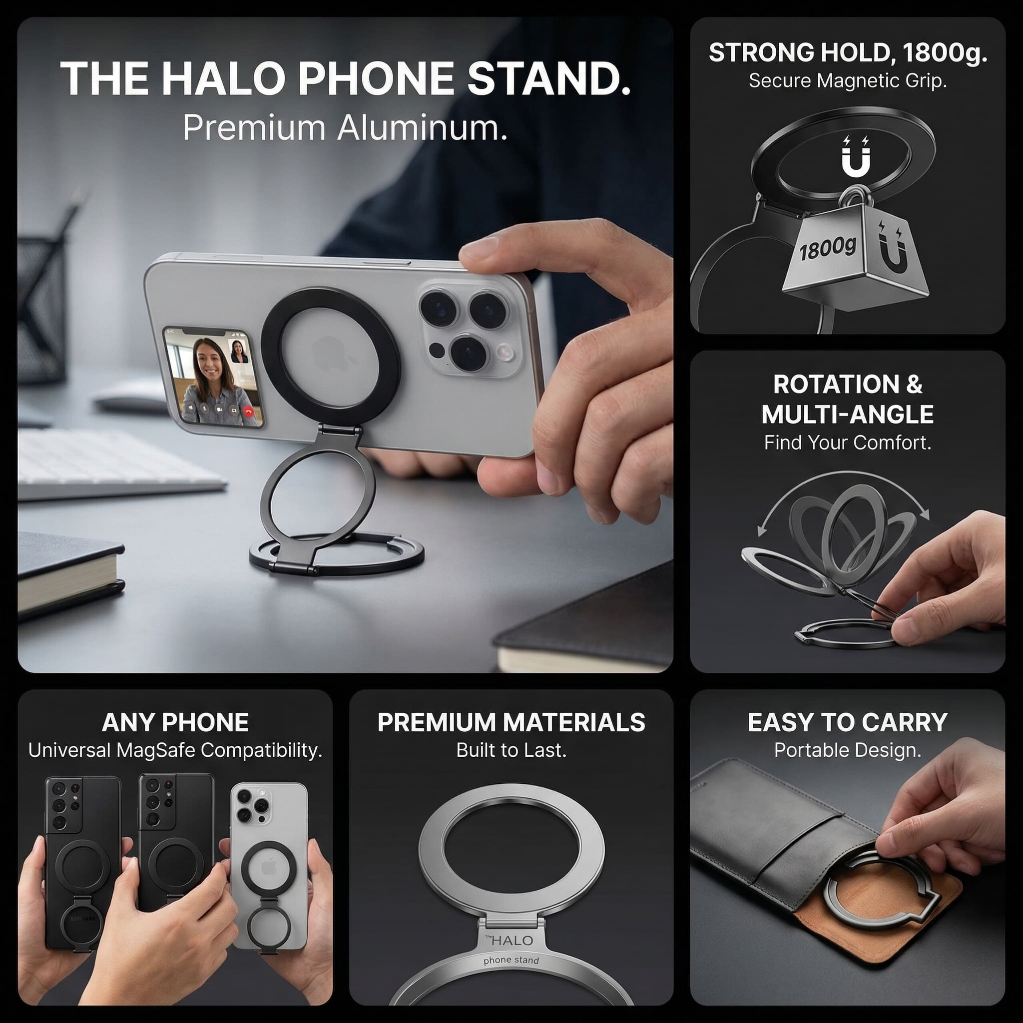 The HALO | Premium Aluminum Phone Stand | Compatible with all Phones | N52 Magnet
